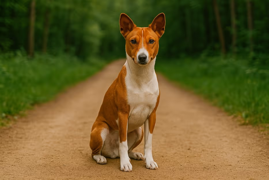 Basenji with a reddish-brown and white coat sitting attentively on a dirt trail surrounded by greenery, showing its upright ears and graceful posture.