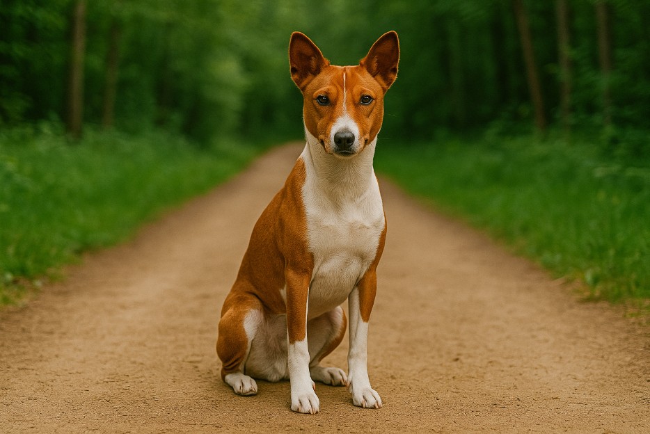 Basenji with a reddish-brown and white coat sitting attentively on a dirt trail surrounded by greenery, showing its upright ears and graceful posture.