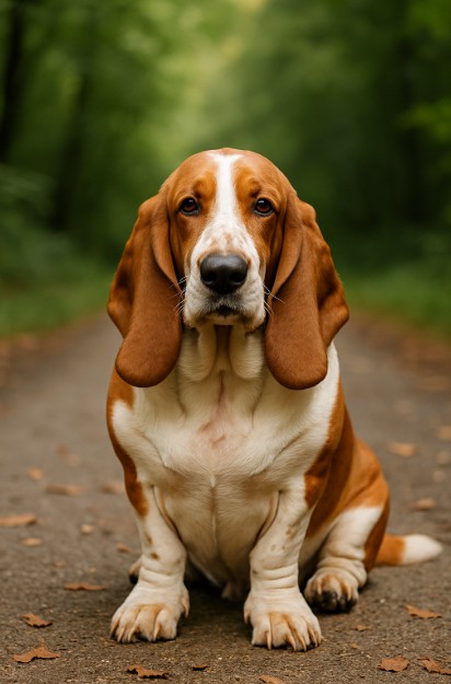 Basset Hound with a reddish-brown and white coat sitting on a dirt path surrounded by greenery, showcasing its long ears and gentle expression.