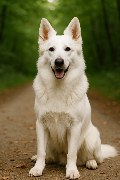 White Shepherd with a thick, pure white coat sitting on a dirt trail in a forest, looking alert and friendly with its tongue out.