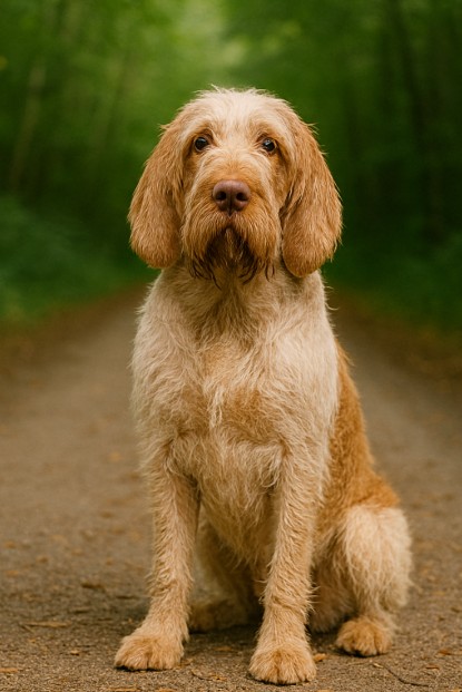 Spinone Italiano with a wiry cream and red coat sitting on a dirt trail in a forest, showcasing its distinctive beard and calm, attentive expression.