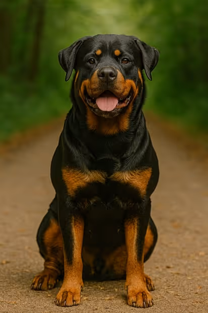 Rottweiler with a muscular build and black-and-tan coat sitting on a dirt trail surrounded by greenery, looking alert and friendly with its tongue out.