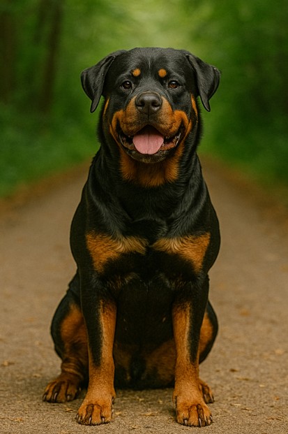 Rottweiler with a muscular build and black-and-tan coat sitting on a dirt trail surrounded by greenery, looking alert and friendly with its tongue out.