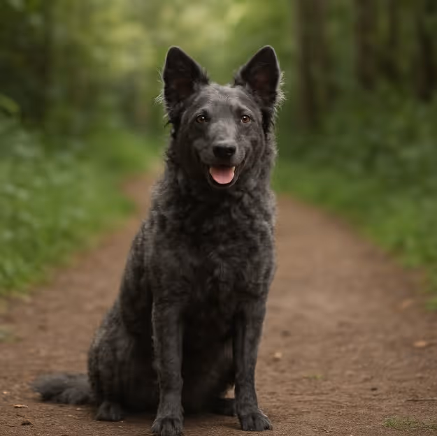 Mudi with a curly dark gray coat sitting on a dirt trail in a forest, looking alert with upright ears and a friendly expression.