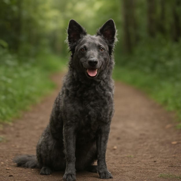 Mudi with a curly dark gray coat sitting on a dirt trail in a forest, looking alert with upright ears and a friendly expression.