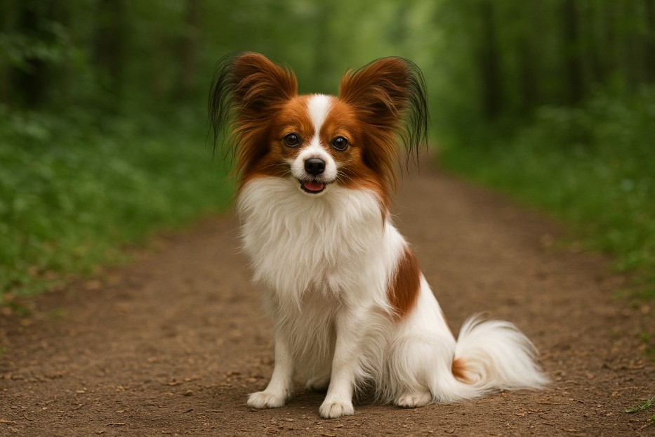 Papillon with a white and chestnut brown coat and large butterfly-like ears sitting on a dirt trail in a forest, looking alert and cheerful.