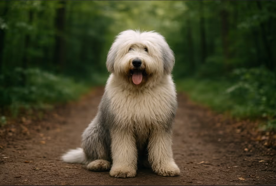 Old English Sheepdog with a thick, fluffy grey and white coat sitting on a dirt trail in a forest, looking friendly with its tongue out.