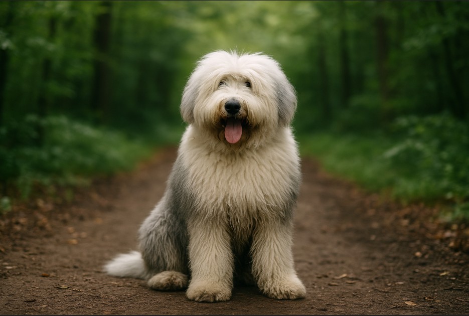 Old English Sheepdog with a thick, fluffy grey and white coat sitting on a dirt trail in a forest, looking friendly with its tongue out.