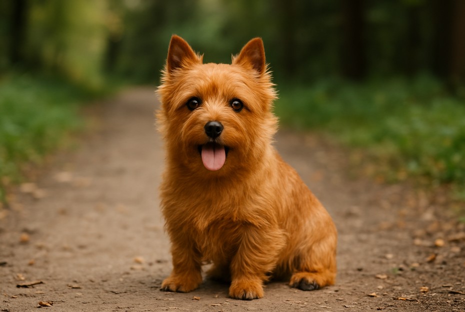 Norwich Terrier with a reddish-brown wiry coat sitting on a dirt trail in a forest, looking alert and cheerful with its tongue out.