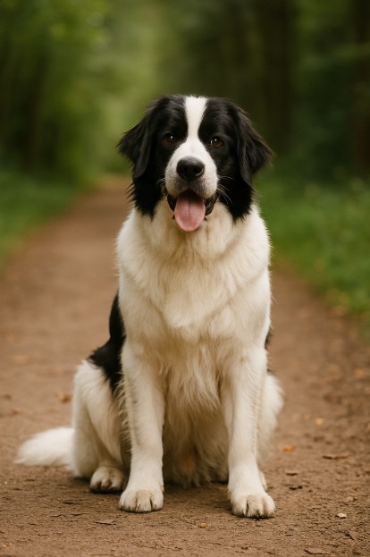 Landseer with a black and white coat sitting on a dirt trail in a forest, looking friendly with its tongue out and ears relaxed.