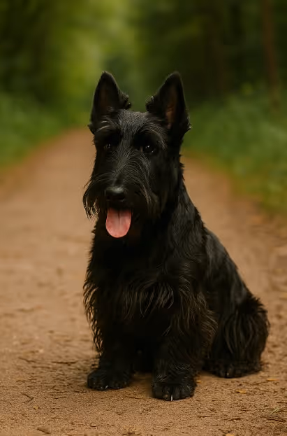 Scottish Terrier with a wiry black coat sitting on a dirt trail in a forest, looking alert with its tongue out and ears upright.