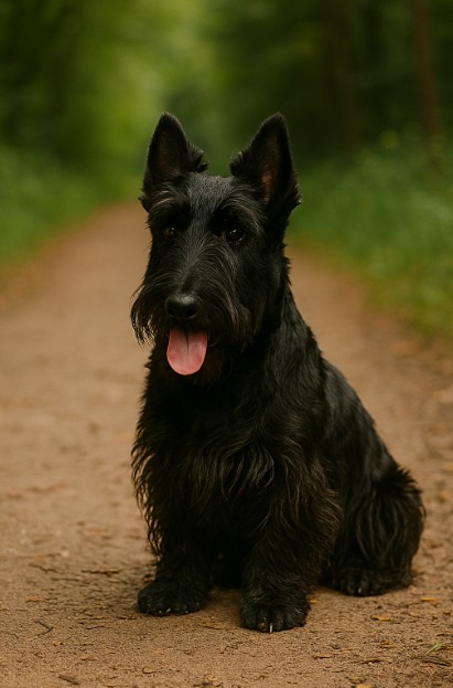 Scottish Terrier with a wiry black coat sitting on a dirt trail in a forest, looking alert with its tongue out and ears upright.