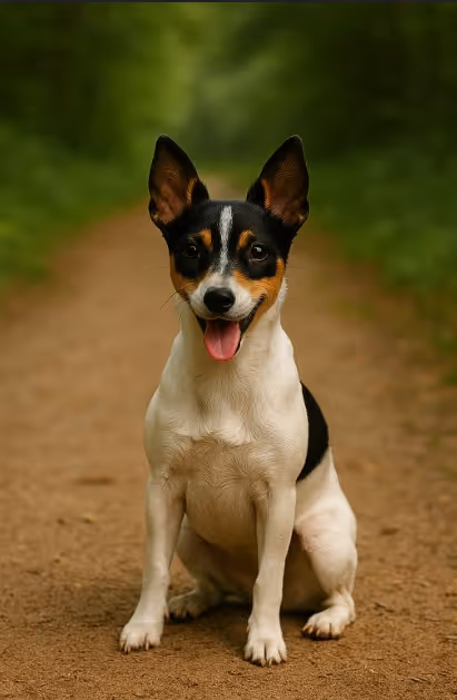 Toy Fox Terrier with a white, black, and tan coat sitting on a dirt trail in a forest, looking alert with upright ears and a happy expression.