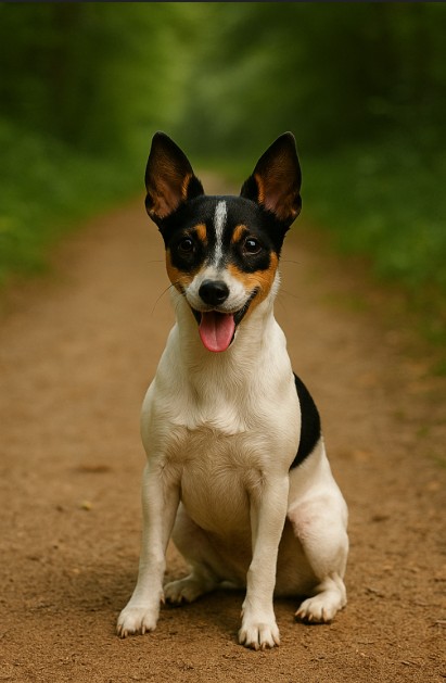 Toy Fox Terrier with a white, black, and tan coat sitting on a dirt trail in a forest, looking alert with upright ears and a happy expression.