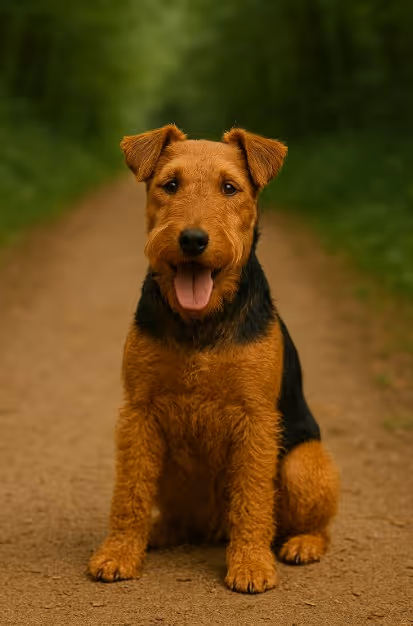 Welsh Terrier with a wiry reddish-brown and black coat sitting on a dirt trail in a forest, looking alert and friendly with its tongue out.