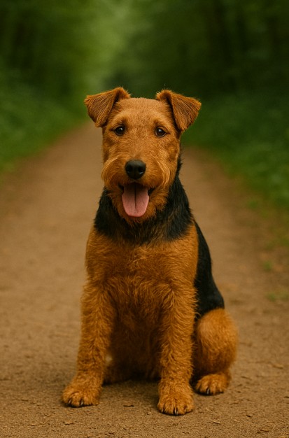 Welsh Terrier with a wiry reddish-brown and black coat sitting on a dirt trail in a forest, looking alert and friendly with its tongue out.