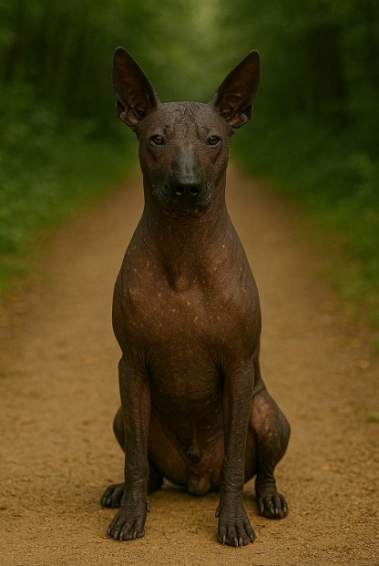 Xoloitzcuintli with a dark hairless coat sitting on a dirt trail in a forest, looking alert with large upright ears and a calm expression.