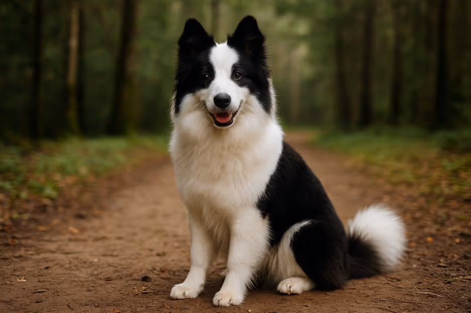 Yakutian Laika with a thick black and white coat sitting on a dirt trail in a forest, looking friendly with its tongue out and ears upright.