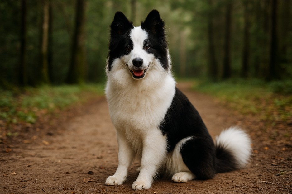 Yakutian Laika with a thick black and white coat sitting on a dirt trail in a forest, looking friendly with its tongue out and ears upright.