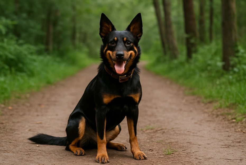 Working Kelpie with a black and tan coat sitting on a dirt trail in a forest, looking alert with upright ears and a friendly expression.
