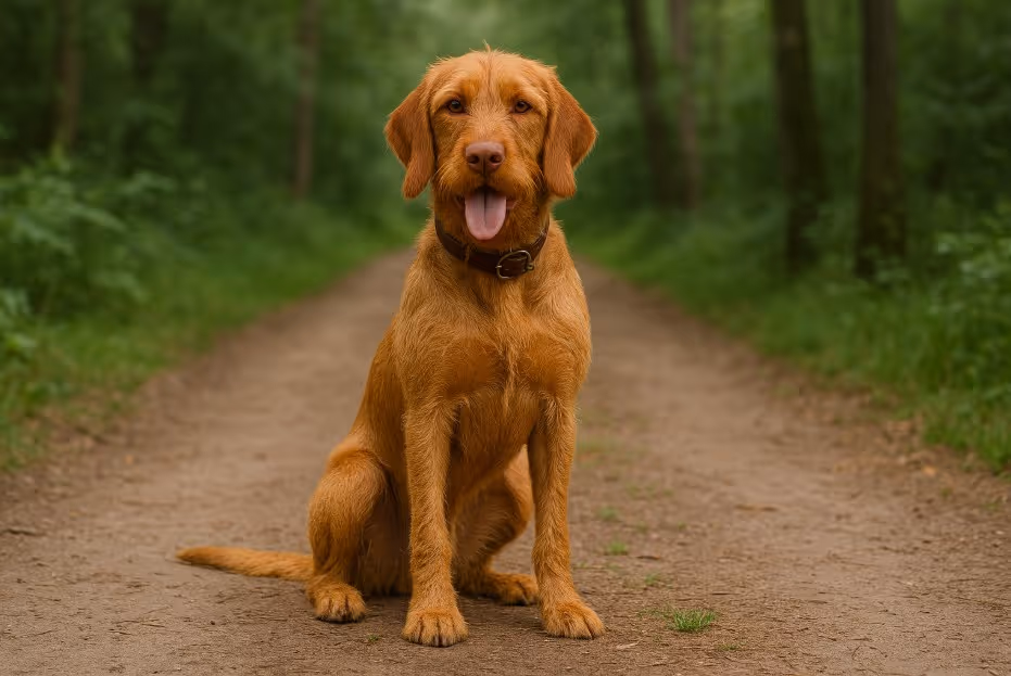 Wirehaired Vizsla with a golden-rust wiry coat sitting on a dirt trail in a forest, looking alert and friendly with its tongue out.