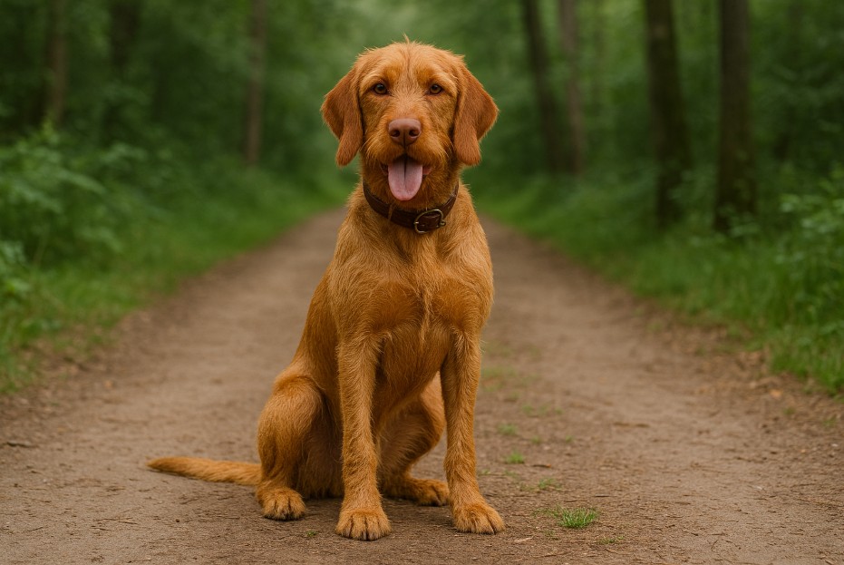 Wirehaired Vizsla with a golden-rust wiry coat sitting on a dirt trail in a forest, looking alert and friendly with its tongue out.