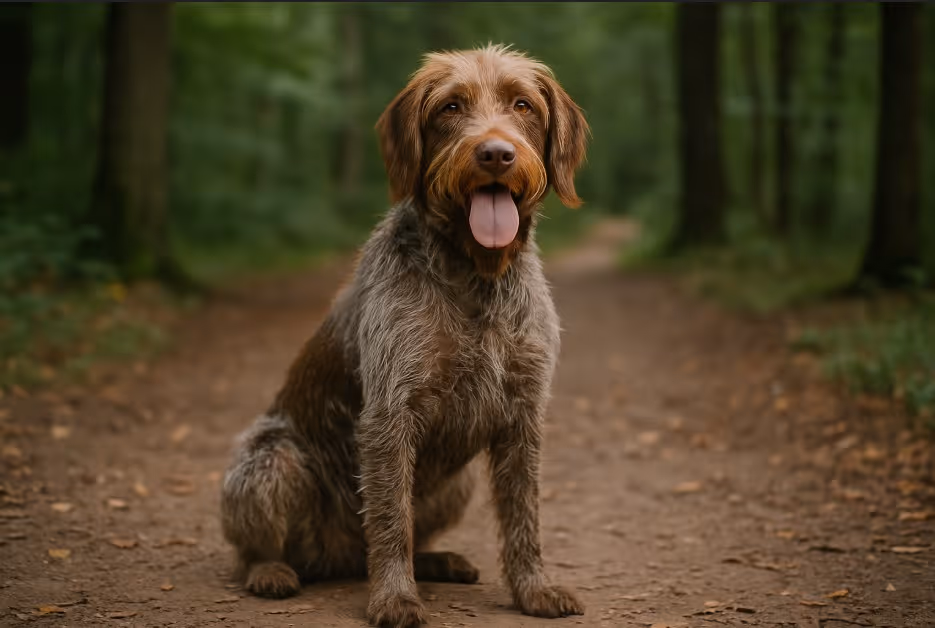 Wirehaired Pointing Griffon with a rugged gray and brown coat sitting on a dirt trail in a forest, looking alert with its tongue out and expressive eyes.