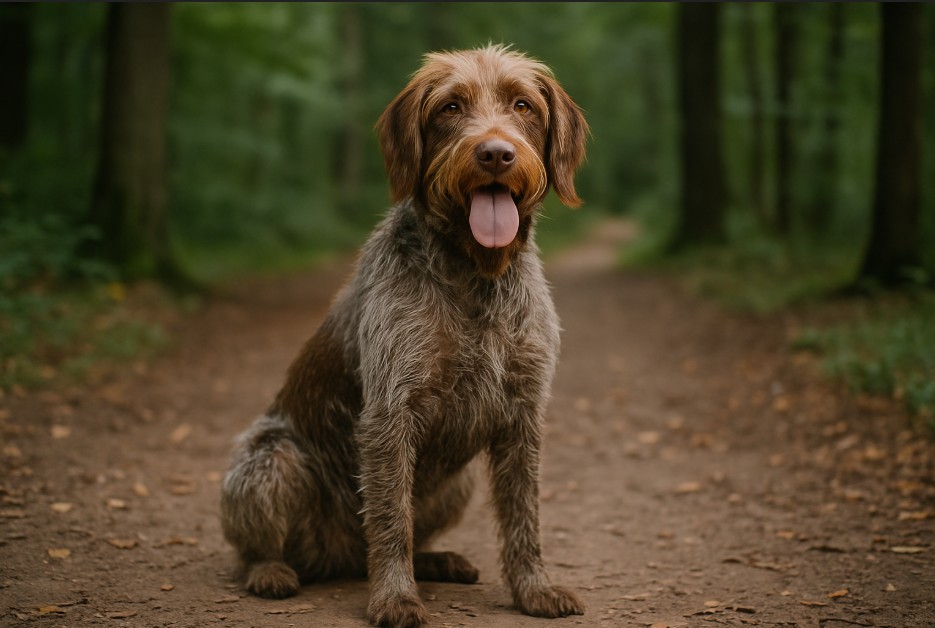Wirehaired Pointing Griffon with a rugged gray and brown coat sitting on a dirt trail in a forest, looking alert with its tongue out and expressive eyes.