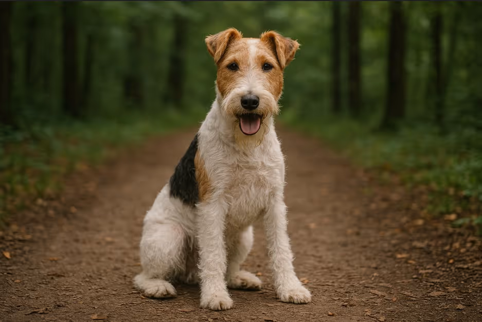 Wire Fox Terrier with a white, black, and tan wiry coat sitting on a dirt trail in a forest, looking alert and cheerful with its tongue out.