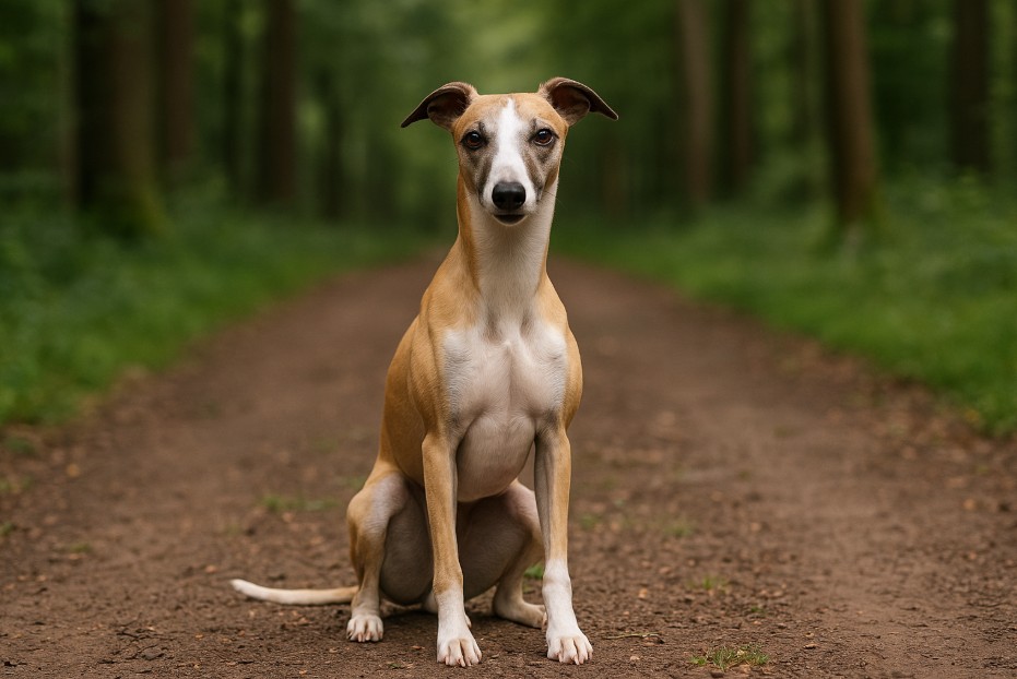 Whippet with a smooth fawn and white coat sitting on a dirt trail in a forest, looking calm and alert with its slender build and gentle expression.