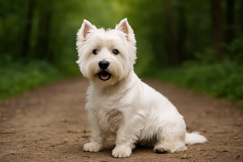 West Highland White Terrier with a fluffy white coat sitting on a dirt trail in a forest, looking alert and cheerful with ears upright.