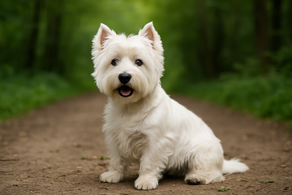 West Highland White Terrier with a fluffy white coat sitting on a dirt trail in a forest, looking alert and cheerful with ears upright.