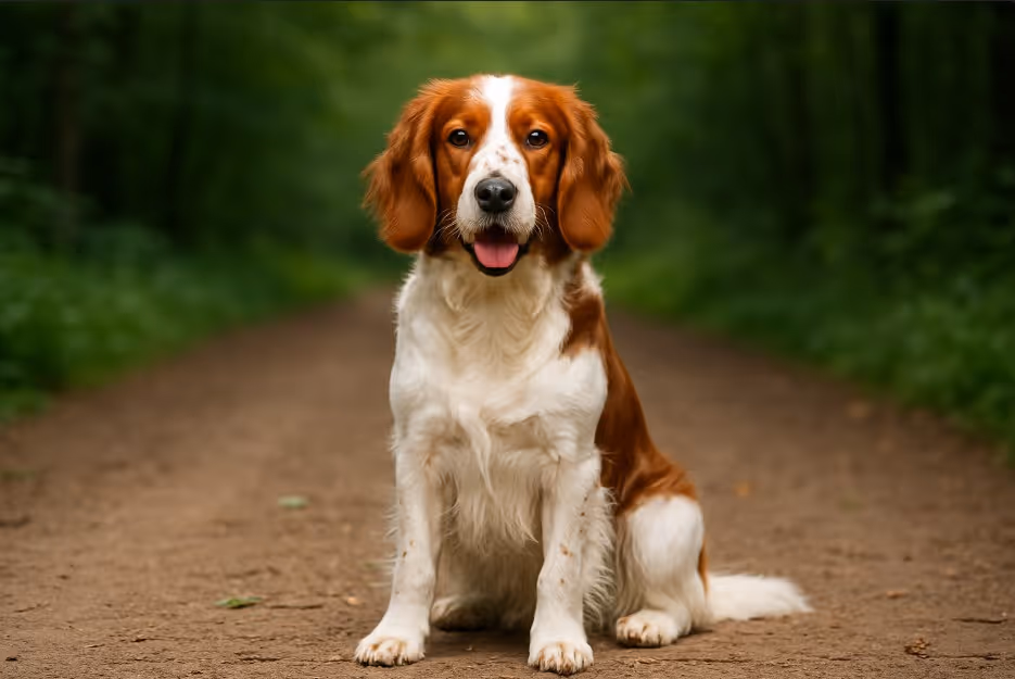 Welsh Springer Spaniel with a white and reddish-brown coat sitting on a dirt trail in a forest, looking alert and friendly with its tongue out.