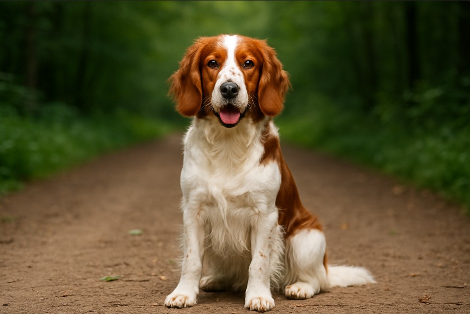 Welsh Springer Spaniel with a white and reddish-brown coat sitting on a dirt trail in a forest, looking alert and friendly with its tongue out.