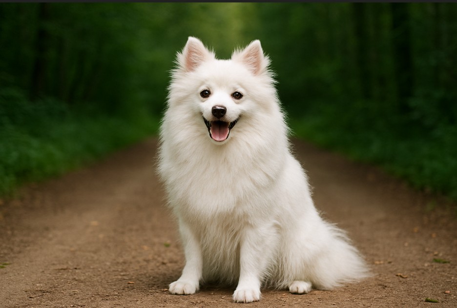 Volpino Italiano with a fluffy white coat sitting on a dirt trail in a forest, looking cheerful with upright ears and a happy expression.