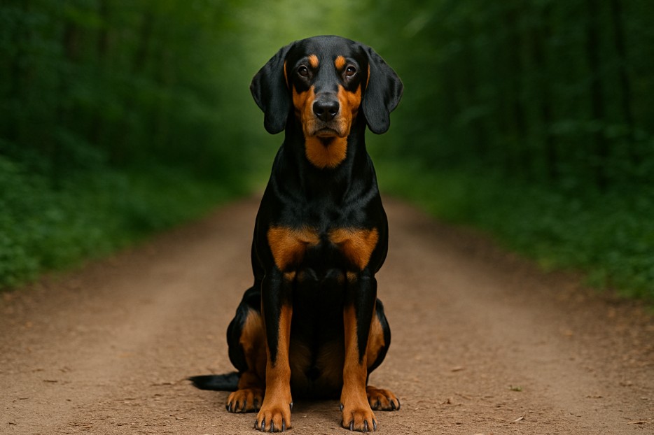 Transylvanian Hound with a sleek black and tan coat sitting on a dirt trail in a forest, looking alert with a strong and attentive posture.