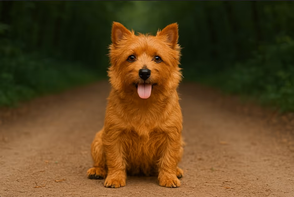 Norwich Terrier with a wiry reddish-brown coat sitting on a dirt trail in a forest, looking alert and cheerful with its tongue out.