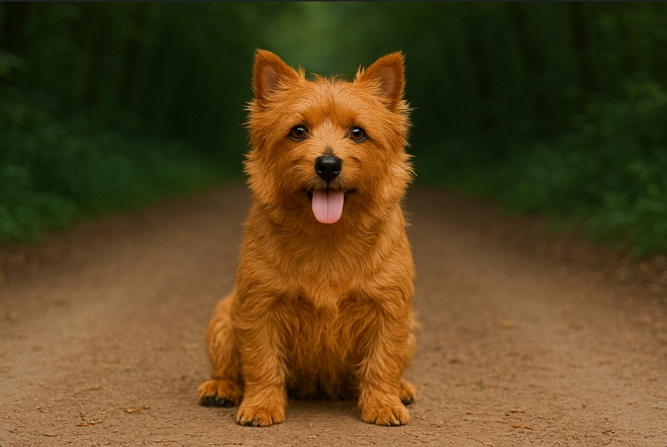 Norwich Terrier with a wiry reddish-brown coat sitting on a dirt trail in a forest, looking alert and cheerful with its tongue out.