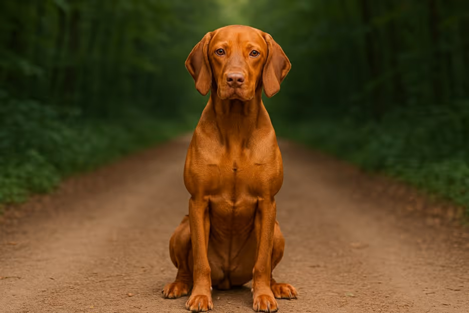 Vizsla with a sleek reddish-brown coat sitting on a dirt trail in a forest, looking attentive with a calm yet focused expression.