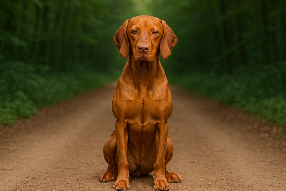 Vizsla with a sleek reddish-brown coat sitting on a dirt trail in a forest, looking attentive with a calm yet focused expression.