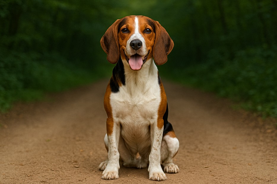 Treeing Walker Coonhound with a tricolor coat sitting on a dirt trail in a forest, looking alert and friendly with its tongue out.