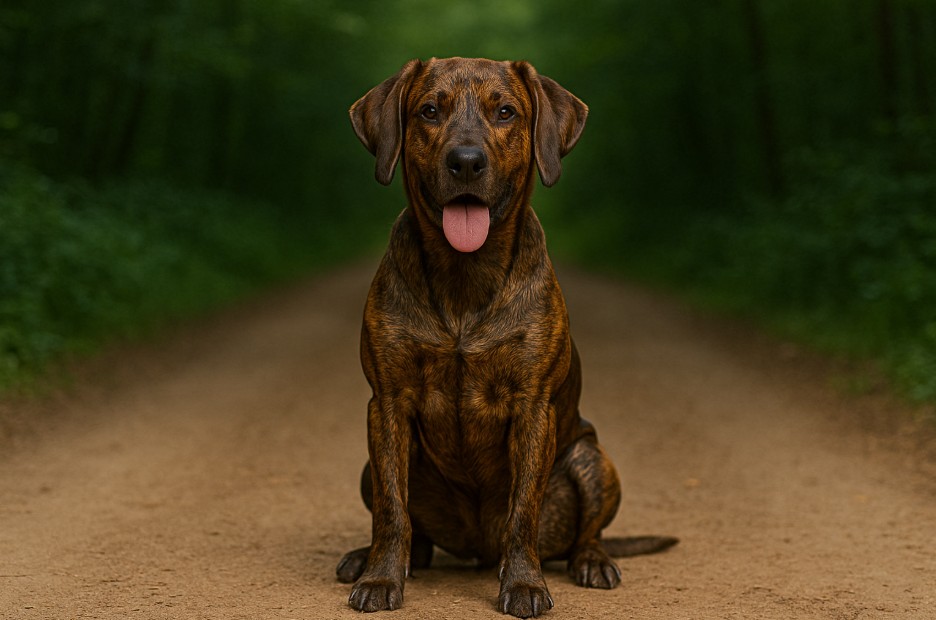 Treeing Tennessee Brindle with a dark brindle coat sitting on a dirt trail in a forest, looking alert and friendly with its tongue out.