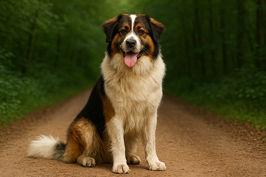 Tornjak with a thick tricolor coat of black, brown, and white sitting on a dirt trail in a forest, looking calm and friendly with its tongue out.