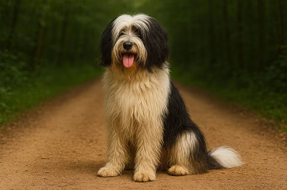 Tibetan Terrier with a long, fluffy black and white coat sitting on a dirt trail in a forest, looking friendly with its tongue out.