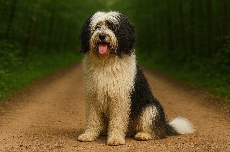 Tibetan Terrier with a long, fluffy black and white coat sitting on a dirt trail in a forest, looking friendly with its tongue out.