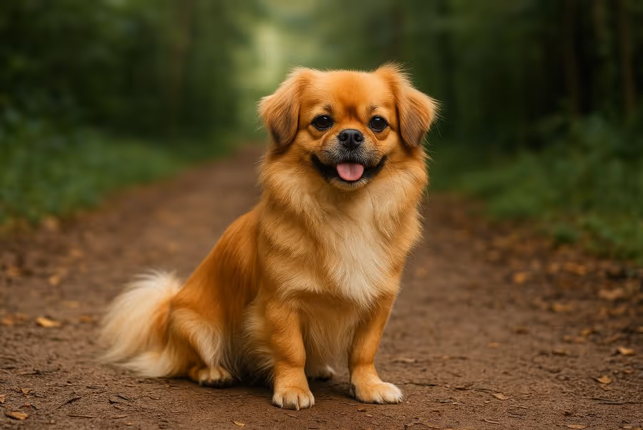Tibetan Spaniel with a golden coat sitting on a dirt trail in a forest, looking friendly with its tongue out and fluffy tail curled to the side.