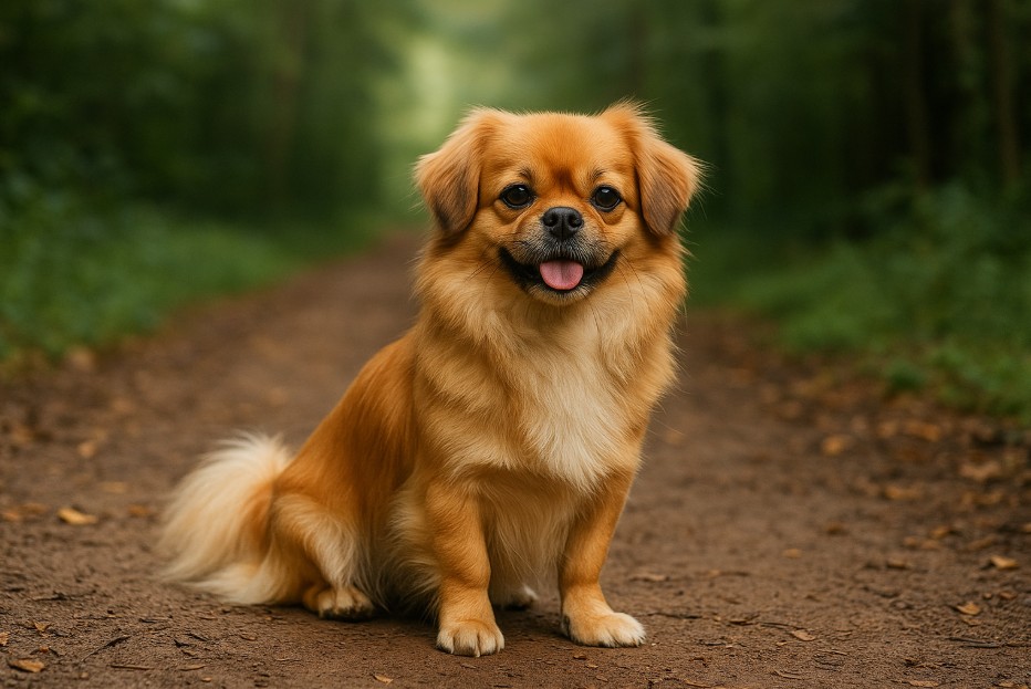Tibetan Spaniel with a golden coat sitting on a dirt trail in a forest, looking friendly with its tongue out and fluffy tail curled to the side.