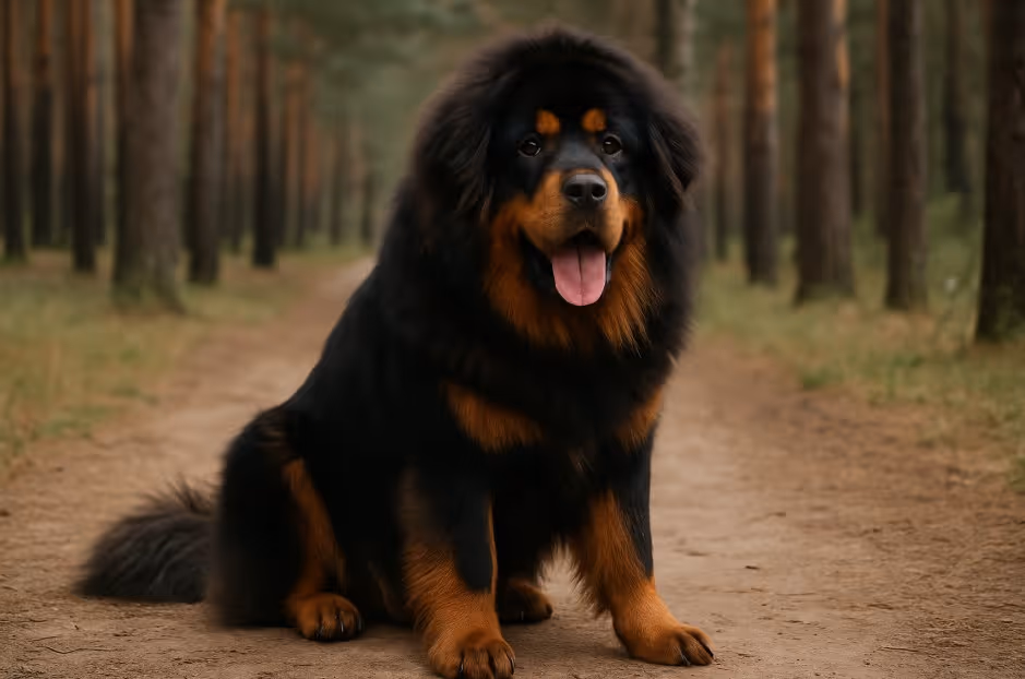 Tibetan Mastiff with a thick black and tan coat sitting on a dirt trail in a pine forest, looking strong and majestic with its tongue out.