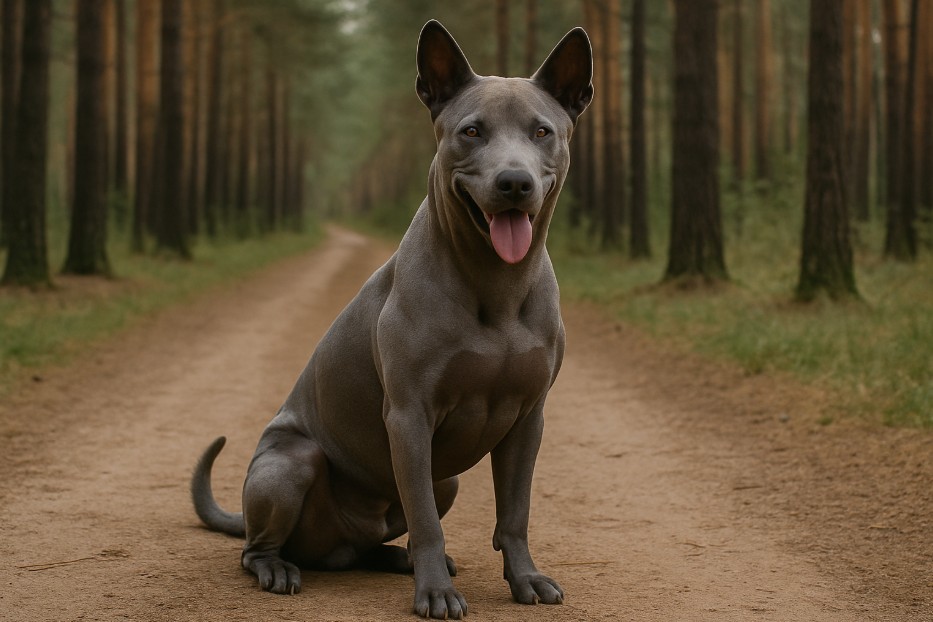 Thai Ridgeback with a sleek bluish-gray coat sitting on a dirt trail in a forest, looking alert and confident with upright ears and a friendly expression.