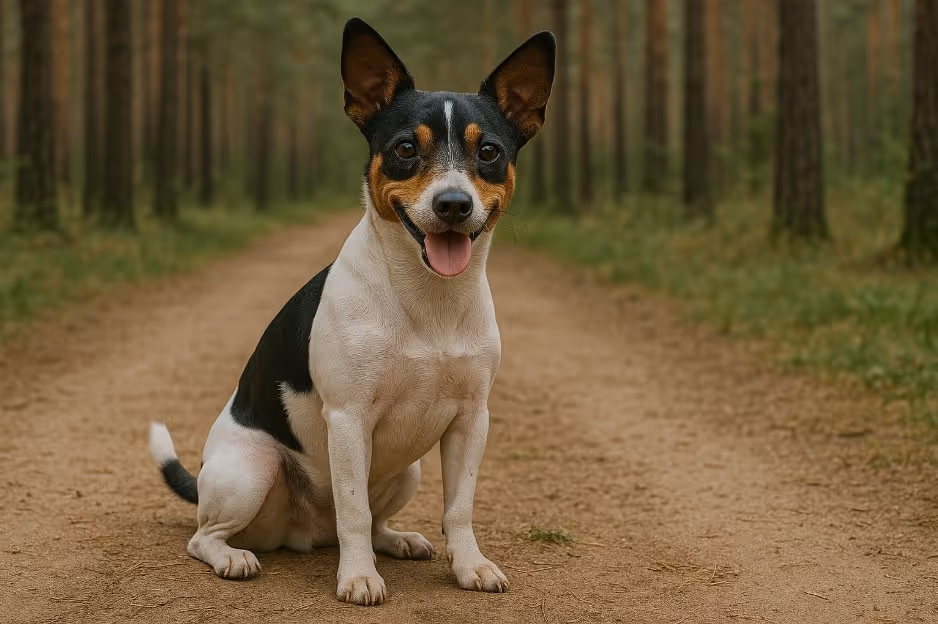 Teddy Roosevelt Terrier with a tricolor coat of black, white, and tan sitting on a dirt trail in a forest, looking alert and cheerful with its tongue out.